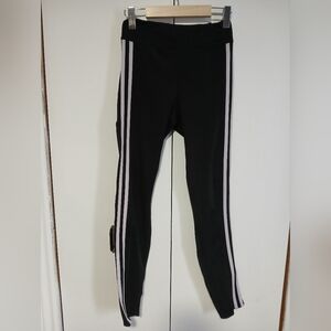 POP FIT Black Leggings Medium w/ White Side Stripes & Mesh Phone Pockets